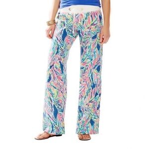 Lilly Pulitzer Linen The Beach Pant Indigo Palm Reader Wide Leg Low Mid Rise XXS